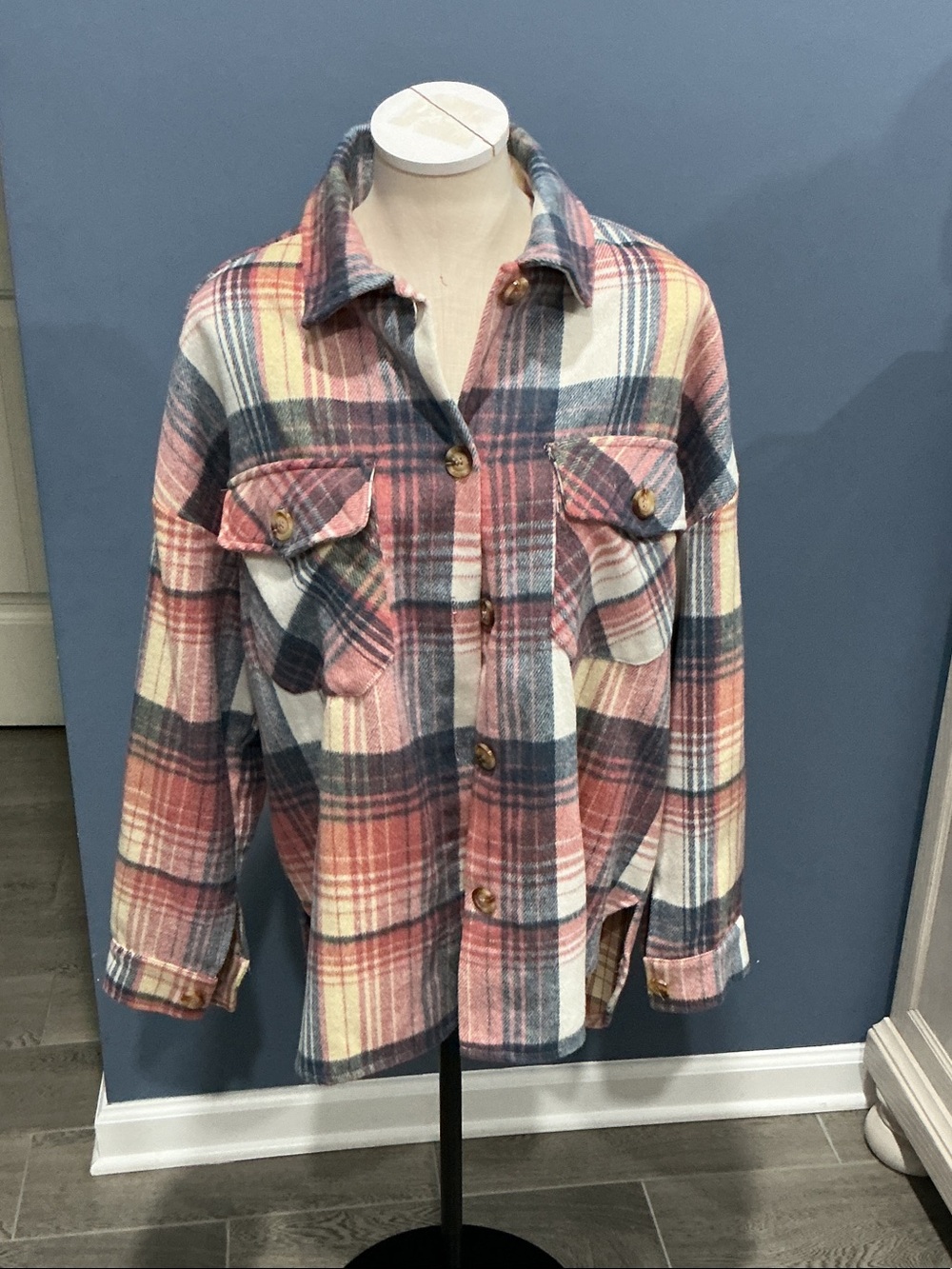 Timing Pink, Cream & Blue Plaid Utility Shacket
